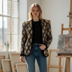 Vintage 1980’s Nite Line Black & Gold Sequin Harlequin Jacket Size Small